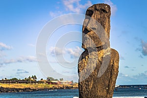 Hanga Roa, Easter Island - July 12 2017: Moai at the harbor of H