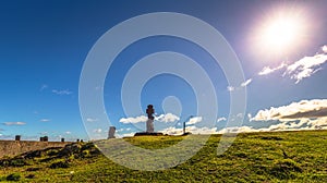 Hanga Roa, Easter Island - July 12 2017: Moai statues near Hanga Roa