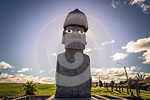 Hanga Roa, Easter Island - July 12 2017: Moai statues near Hanga Roa