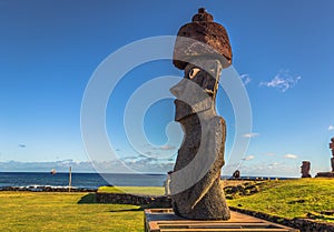 Hanga Roa, Easter Island - July 12 2017: Moai statues near Hanga Roa