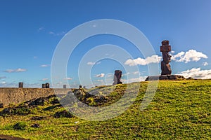 Hanga Roa, Easter Island - July 12 2017: Moai statues near Hanga Roa