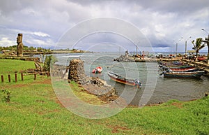 The Hanga Roa Otai Bay, the most crowded bay with the Moai ruins of Ahu Hotake ceremonial platform on Easter island, Chile