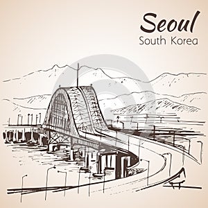 Hangang Bridge, Seoul, South Korea. Sketch.