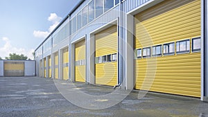 Hangar exterior with rolling gates.