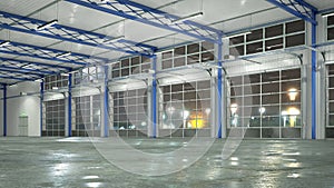 Hangar interior with glass gates.