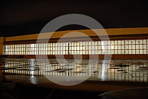 Hangar with reflection at night