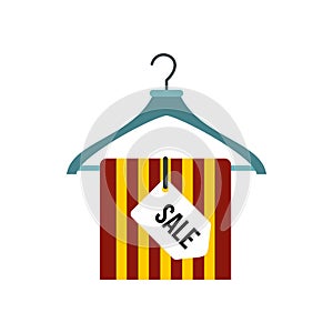 Hanger with sale sign icon, flat style