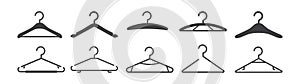 Hanger vector icon, hooks for coat, closet clothes, rack set for cloakroom, black silhouettes isolated on white background.