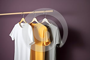 Hangers with blank monocolor t-shirts on purple background, neural network generated image