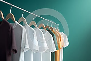 Hangers with blank monocolor t-shirts on turquoise background, neural network generated image