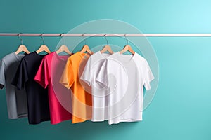 Hangers with blank monocolor t-shirts on turquoise background, neural network generated image