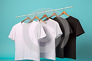 Hangers with blank monocolor t-shirts on turquoise background, neural network generated image