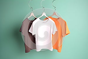 Hangers with blank monocolor t-shirts on turquoise background, neural network generated image