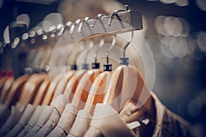 Hangers with clothes on the rail in the store. Shopping in store. Clothes on hangers in shop for sale