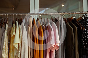 Hangers with different female clothes presenting at the retail store.