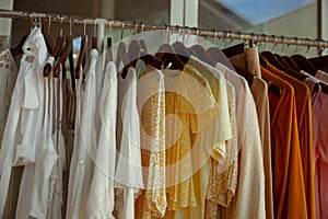 Hangers with different female clothes presenting at the retail store.