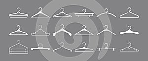Hangers. Wardrobe fashionable hangers for clothes in closet vector icons set