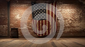 American flag hanging on red brick wall and white wall of a room. Hanging USA flag on red wall