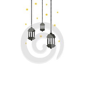 hanging Arabic traditional Ramadan Kareem lantern. Eid Fitr or Adha Mubarak. Simple Greeting banner card with lamp stars symbol