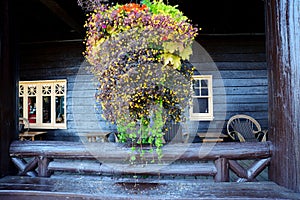 Hanging basket full of flowers hang before an old wooden hotel.