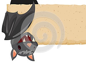 Hanging Bat Holding a Scroll with its Wing, Vector Illustration