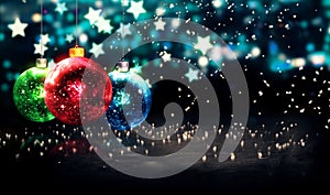 Hanging Baubles Christmas Blue Star Night Bokeh Beautiful 3D