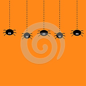 Hanging black spiders on dash line web. Cute cartoon baby character set. Flat material design. Orange background.