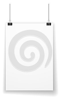 Hanging blank poster mockup. Realistic white picture frame