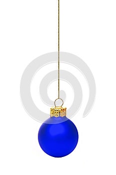 Hanging blue Christmas ornament over white