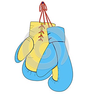 Hanging blue and yellow boxing gloves. Accessory for boxer. sports equipment.Ukrainian flag. vector illustration