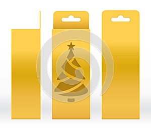 Hanging Box Gold window Christmas tree shape cut out Packaging Template blank. Luxury Empty Box Golden Template for design product