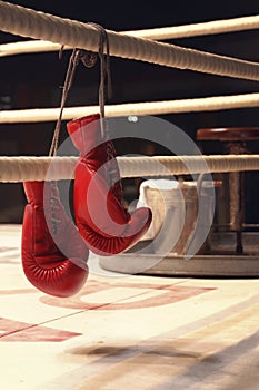 Hanging boxing gloves on a rope in vertical