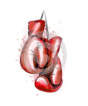 Hanging boxing gloves from a splash of watercolor