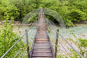 Hanging bridge over Koritnica river near Bovec village, Sloven