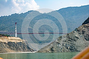 The hanging bridge over Tehri Lake. Dobra-Chanti bridge. The 725-metre long Dobra Chanti suspension bridge over the Tehri lake