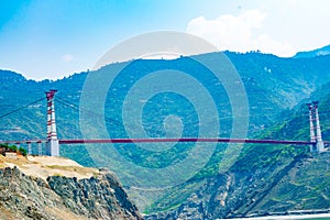 The hanging bridge over Tehri Lake. Dobra-Chanti bridge. The 725-metre long Dobra Chanti suspension bridge over the Tehri lake