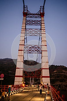 The hanging bridge over Tehri Lake. Dobra-Chanti bridge. The 725-metre long Dobra Chanti suspension bridge over the Tehri lake