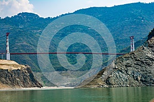 The hanging bridge over Tehri Lake. Dobra-Chanti bridge. The 725-metre long Dobra Chanti suspension bridge over the Tehri lake