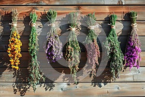 Hanging bunches of medicinal herbs and flowers on a wooden background. Herbal medicine