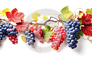 Hanging bunches of natural ripe red grapevines with branches and leaves on white background