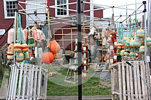 Hanging buoys and other fishing gear including lobster traps in the town of Lunenburg Nova Scotia