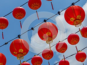 Hanging Chinese Red Lanterns at a Chinese Temple against a blue sky