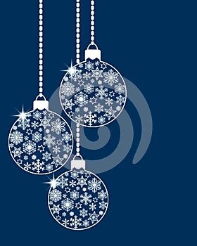 Hanging christmas ball baubles decorated with various white snowflakes and stars on blue background. Flat retro style. Vector