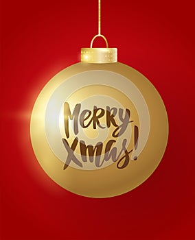 Hanging Christmas ball on red background. Merry Xmas hand drawn letters. Sparkling golden glitter bauble
