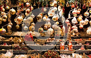 Hanging Christmas balls traditional decorations display window, ornamental, vintage and Christian motives