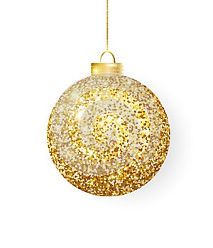 Hanging Christmas golden ball isolated on white. Sparkling glitter texture bauble, holiday decoration