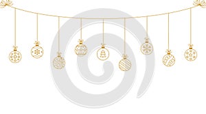 Hanging Christmas golden balls. Toys ornaments set. Vector Christmas tree icon editable stroke. Symbols on white background stock