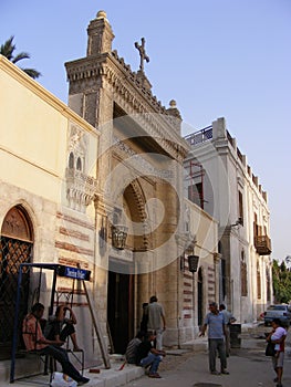 Hanging church with cross on top and lanterns in fostat area cairo fokhareen area fostat mary gergis old cairo