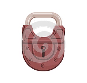 Hanging closed iron colored padlock with locked metal shackle and keyhole. Realistic protecting mechanism with key hole