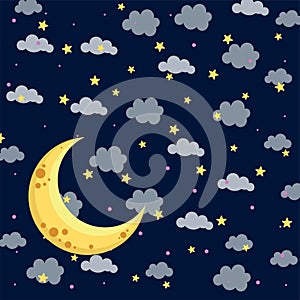 Hanging clouds,stars and moon paper art style on night background.Vector illustration.